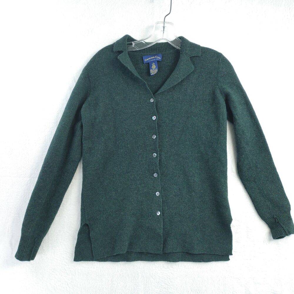 Charter Club Classics Women's Green 100% Merino Wool Button-Up Cardigan Sweater